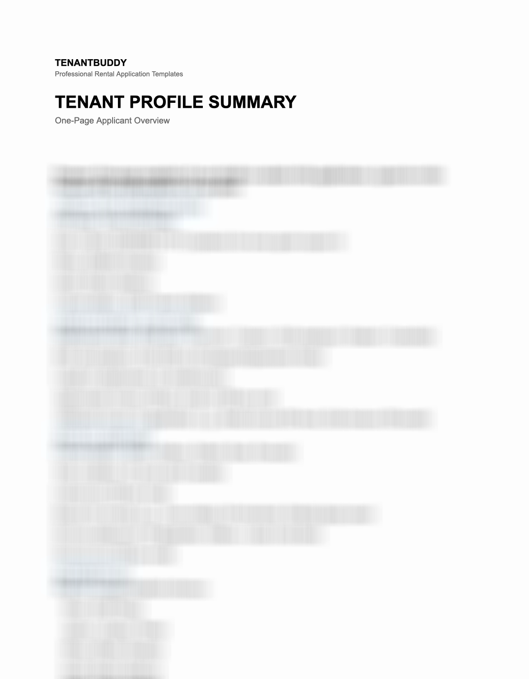 Blurred preview of tenant profile summary template first page
